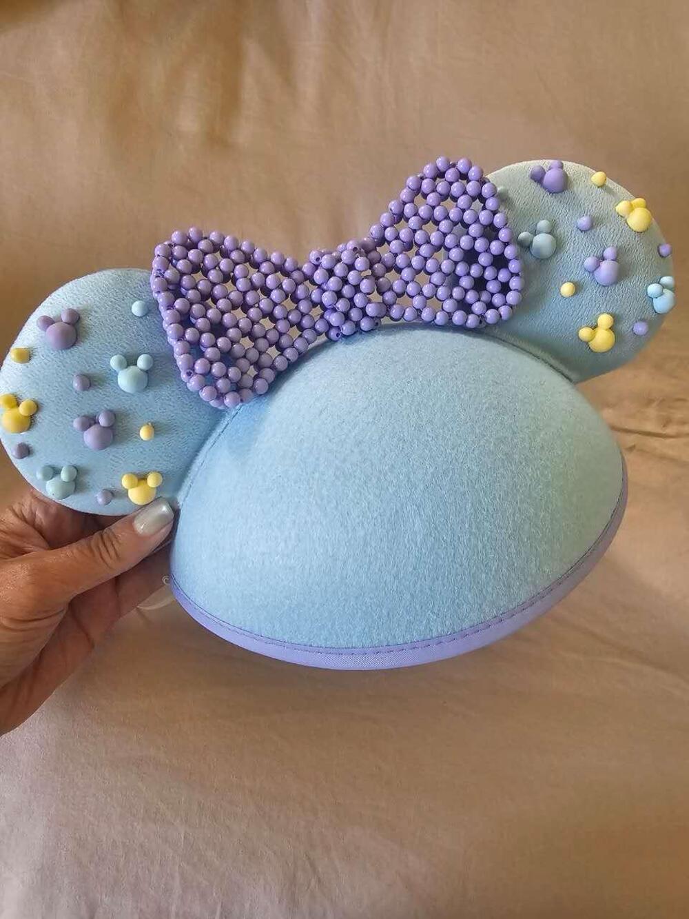 Disney Parks Minnie Beaded Ear Hat Pastel Blue Purple Confetti Mickey Icon Bow